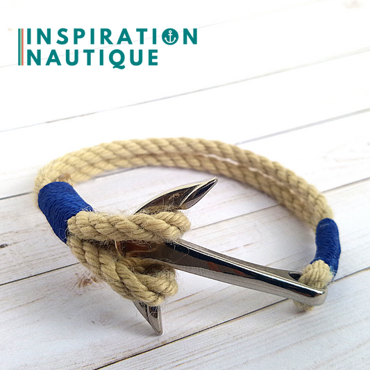 Bracelet marin avec ancre en cordage de bateau et acier inoxydable, Naturel et couleurs classiques