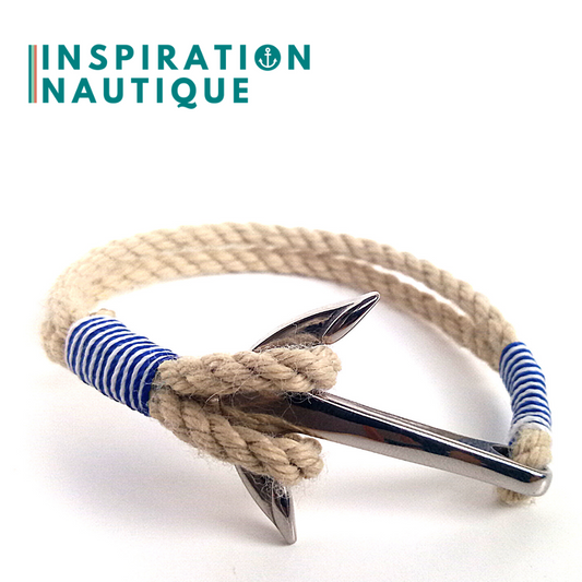 Bracelet marin avec ancre en cordage de bateau et acier inoxydable, Naturel, Surliure marine et blanche, Small-medium