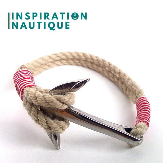 Bracelet marin avec ancre en cordage de bateau et acier inoxydable, Naturel, surliure rouge et blanche, Small-Medium