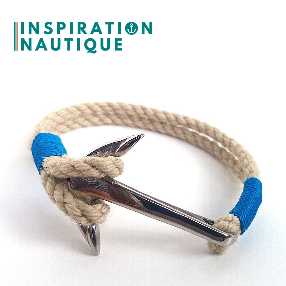 Bracelet marin avec ancre en cordage de bateau et acier inoxydable, Naturel et couleurs maritimes