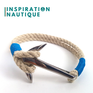 Bracelet marin avec ancre pour homme ou femme en cordage de bateau et acier inoxydable, Naturel et couleurs maritimes
