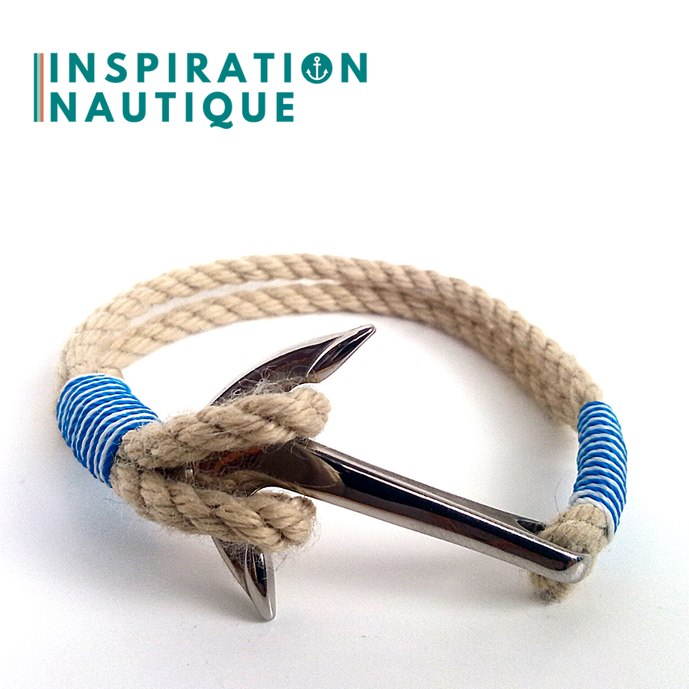 Bracelet marin avec ancre en cordage de bateau et acier inoxydable, Naturel et couleurs maritimes