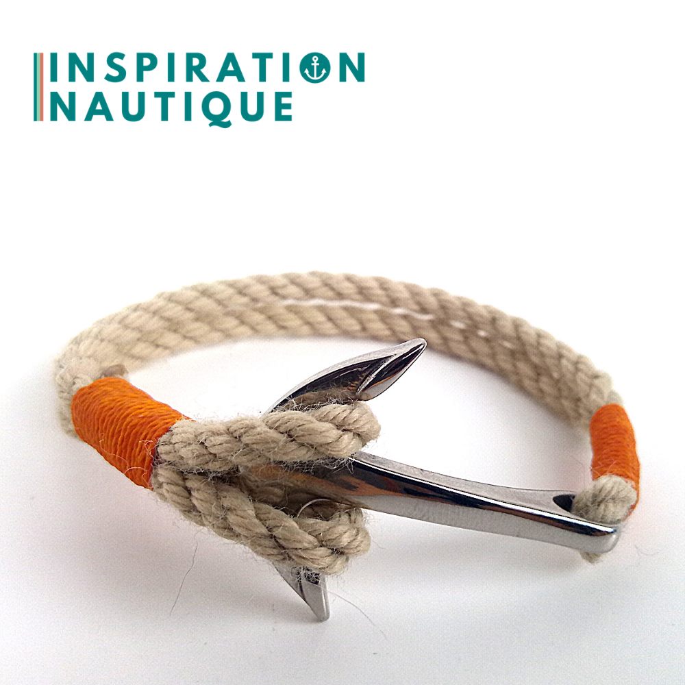 Bracelet marin avec ancre en cordage de bateau et acier inoxydable, Naturel et couleurs maritimes