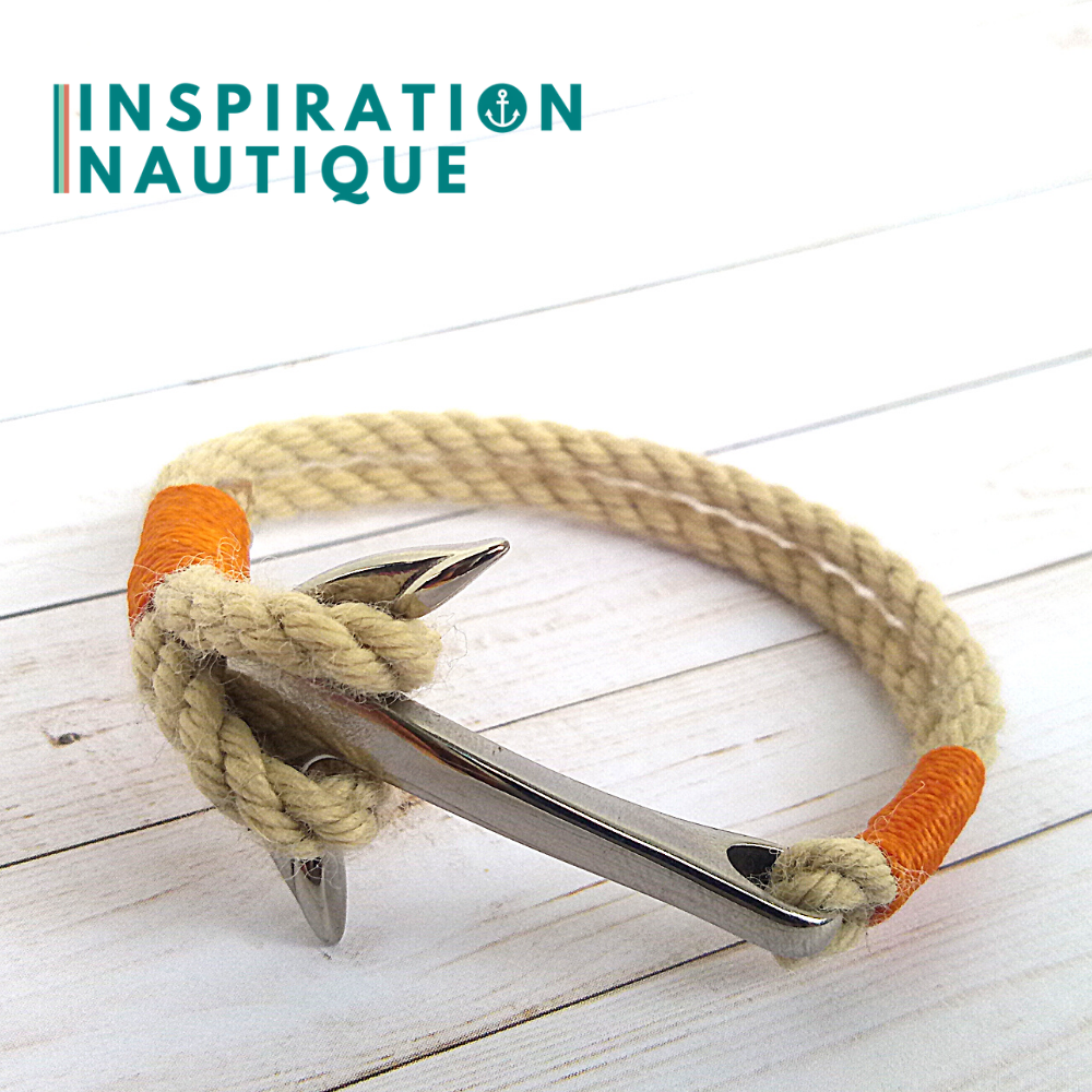 Bracelet marin avec ancre en cordage de bateau et acier inoxydable, Naturel et couleurs maritimes