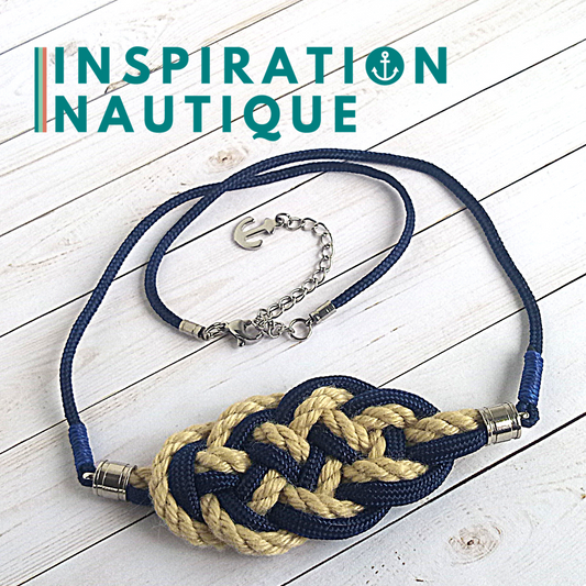 Collier marin avec noeud de carrick en cordage de bateau vintage, paracorde et acier inoxydable, Naturel et marine