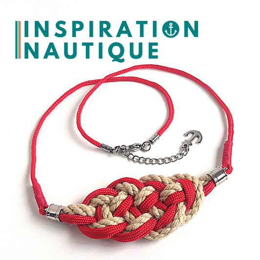 Collier marin avec noeud de carrick en cordage de bateau vintage, paracorde et acier inoxydable, Naturel et rouge