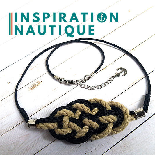 Collier marin avec noeud de carrick en cordage de bateau vintage, paracorde et acier inoxydable, Naturel et noir