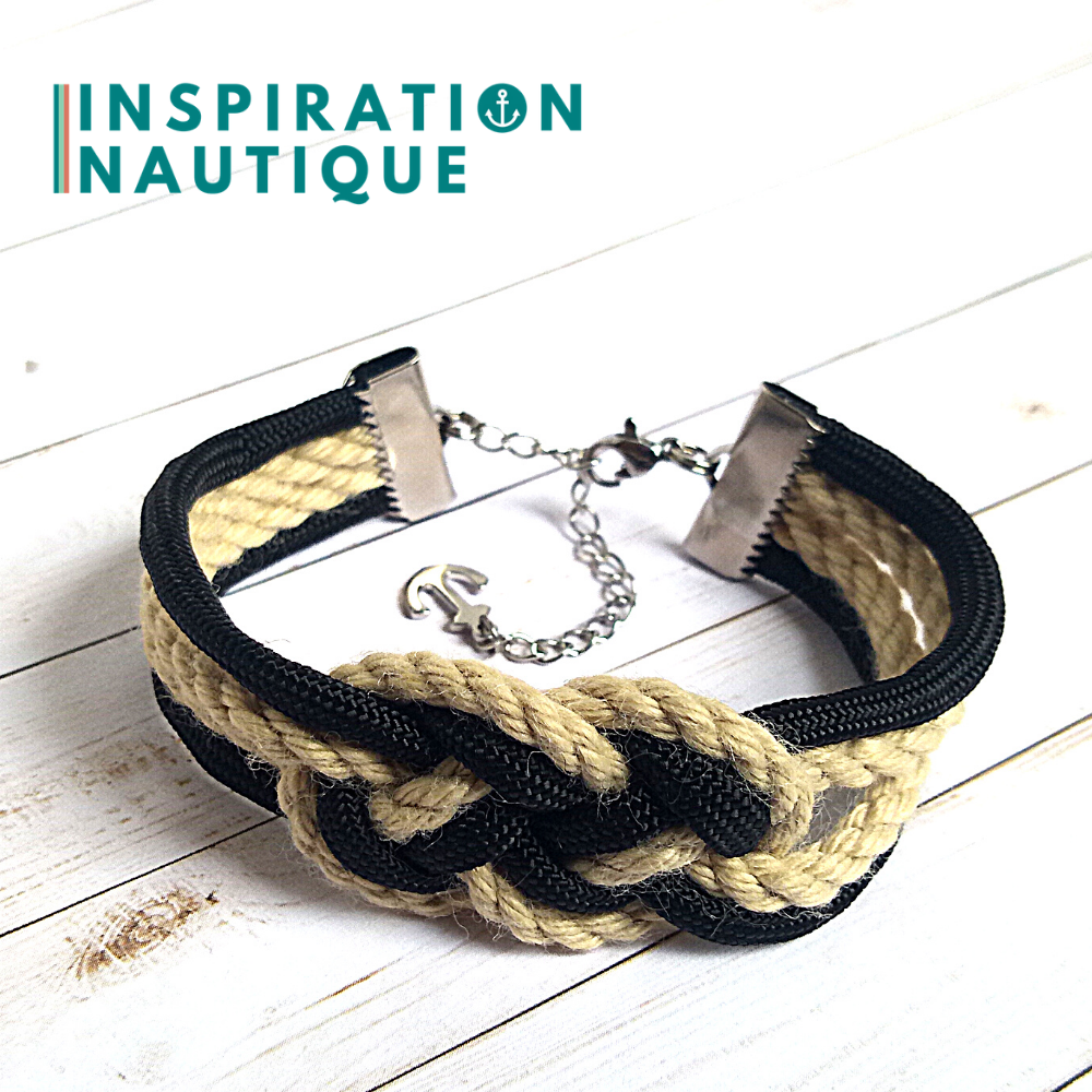 Bracelet marin avec noeud de carrick double unisexe, en paracorde 550, cordage de bateau authentique, paracorde, et acier inoxydable, Noir et naturel