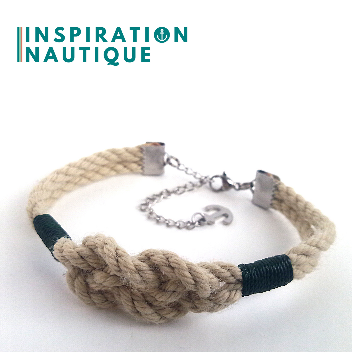 Bracelet marin avec noeud de carrick simple, en cordage de bateau authentique et acier inoxydable, Naturel, Surliures noires, Medium