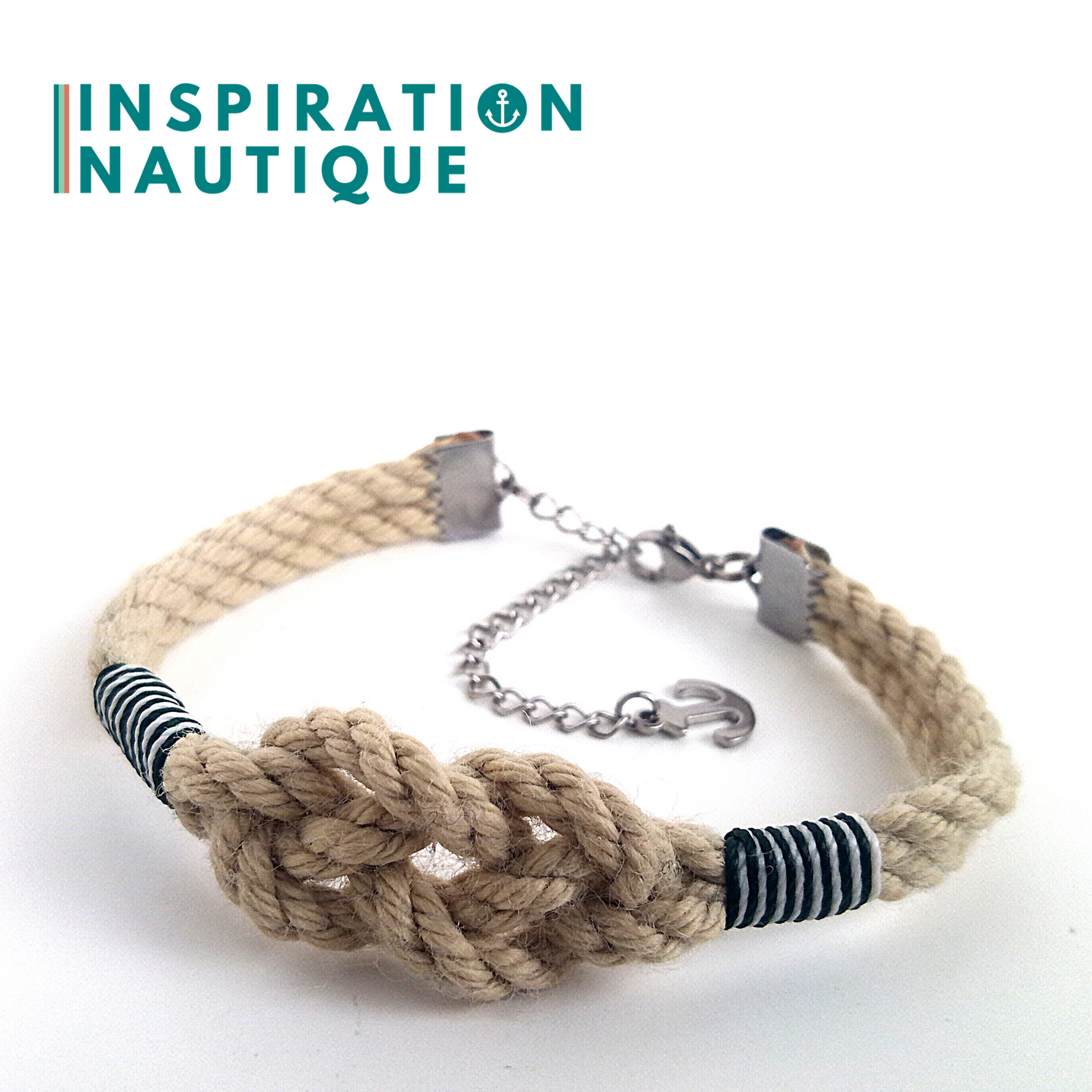 Bracelet marin avec noeud de carrick simple unisexe, en cordage de bateau authentique et acier inoxydable, Naturel et couleurs variées