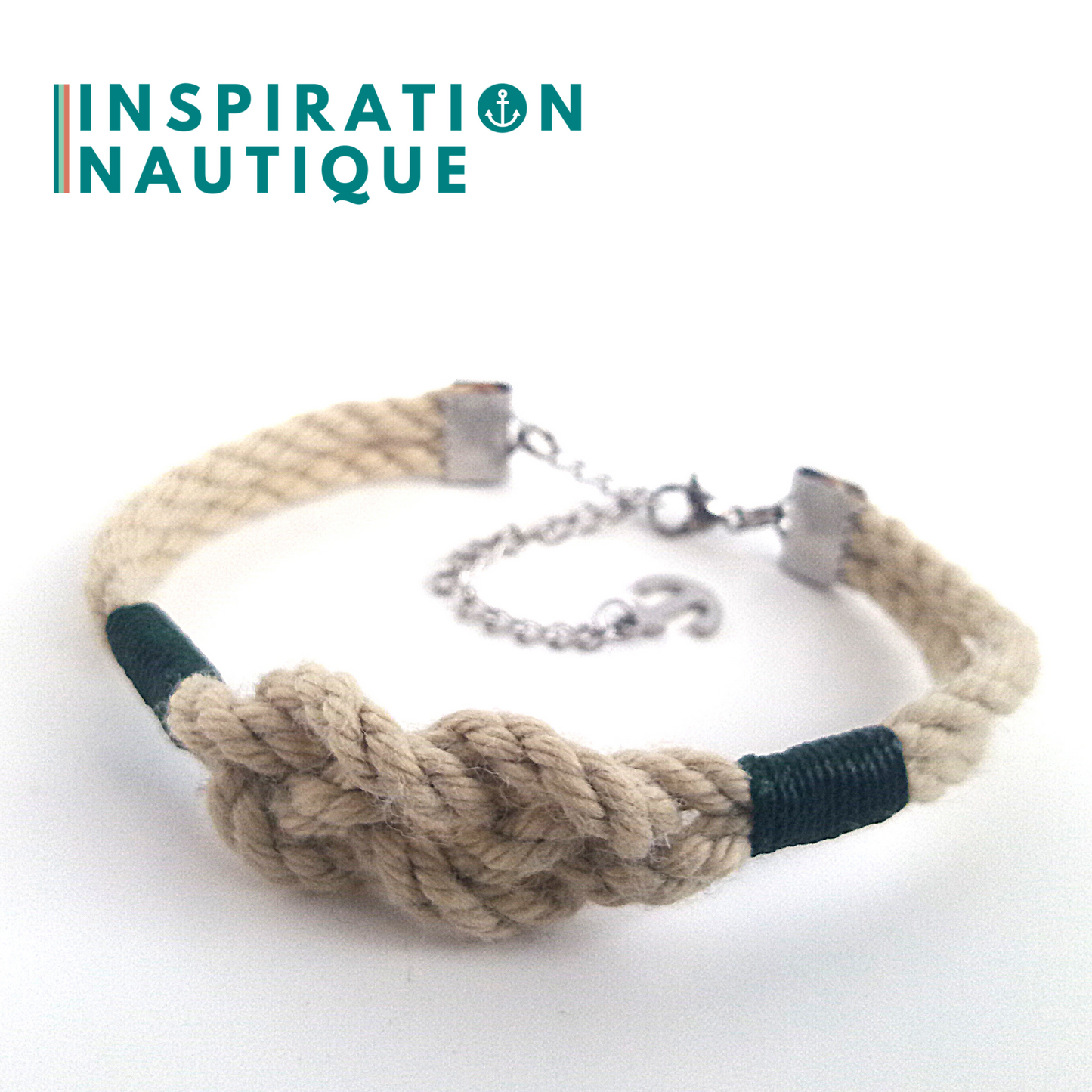 Bracelet marin avec noeud de carrick simple unisexe, en cordage de bateau authentique et acier inoxydable, Naturel et couleurs variées