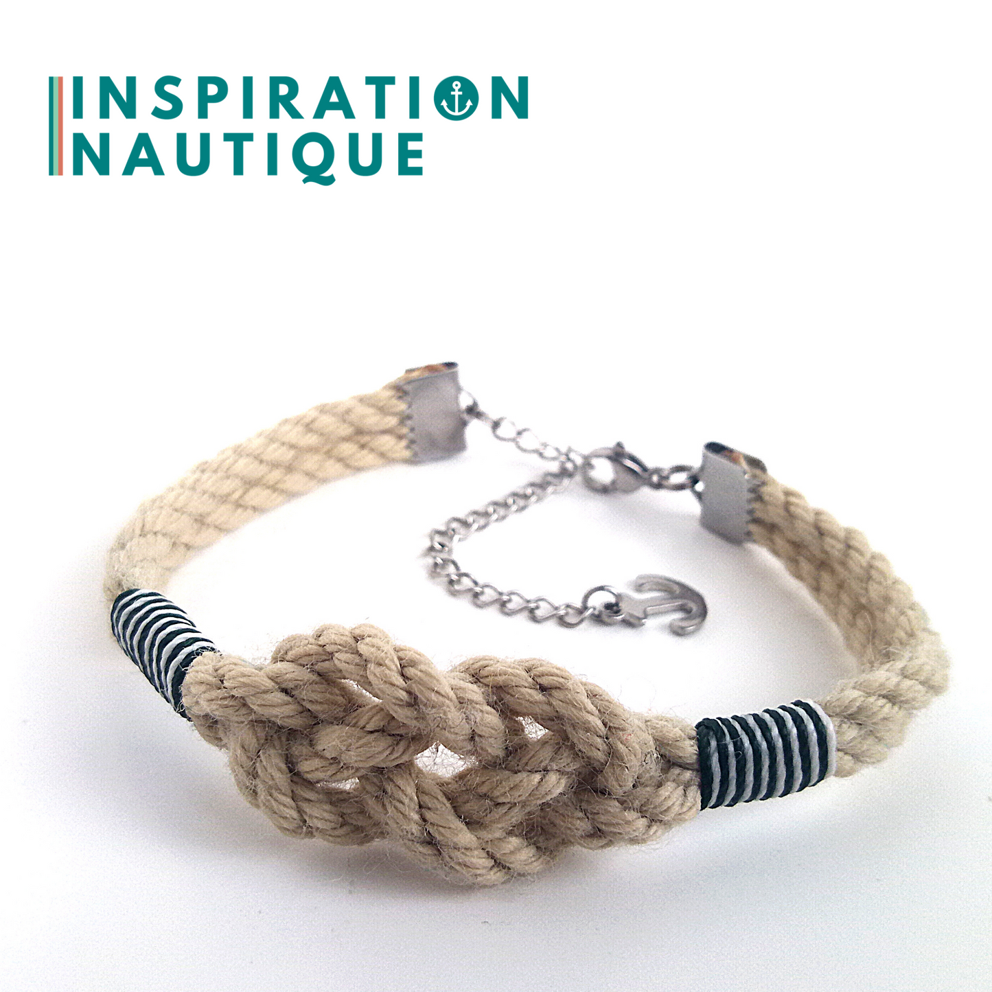 Bracelet marin avec noeud de carrick simple unisexe, en cordage de bateau authentique et acier inoxydable, Naturel et couleurs variées