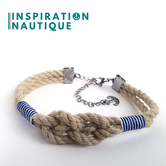 Bracelet marin avec noeud de carrick simple, en cordage de bateau authentique et acier inoxydable, Naturel, Surliures marines et blanches, Medium