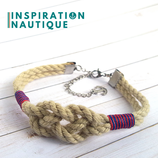 Bracelet marin avec noeud de carrick simple unisexe, en cordage de bateau authentique et acier inoxydable, Naturel et couleurs classiques