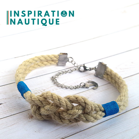 Bracelet marin avec noeud de carrick simple unisexe, en cordage de bateau authentique et acier inoxydable, Naturel et couleurs maritimes