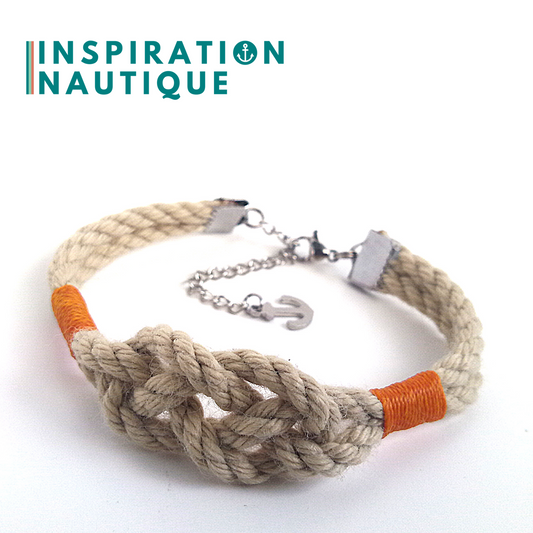 Bracelet marin avec noeud de carrick simple, en cordage de bateau authentique et acier inoxydable, Naturel, surliures jaunes, Small