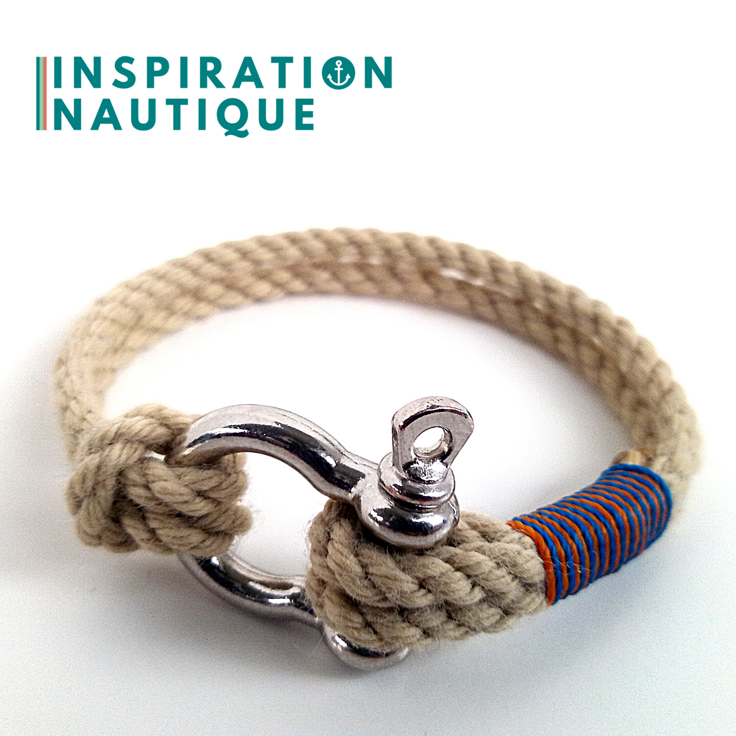 Bracelet marin avec manille en cordage de bateau authentique et acier inoxydable, naturel et couleurs maritimes