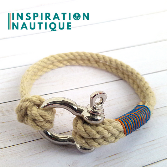 Bracelet marin avec manille en cordage de bateau authentique et acier inoxydable, naturel et couleurs maritimes