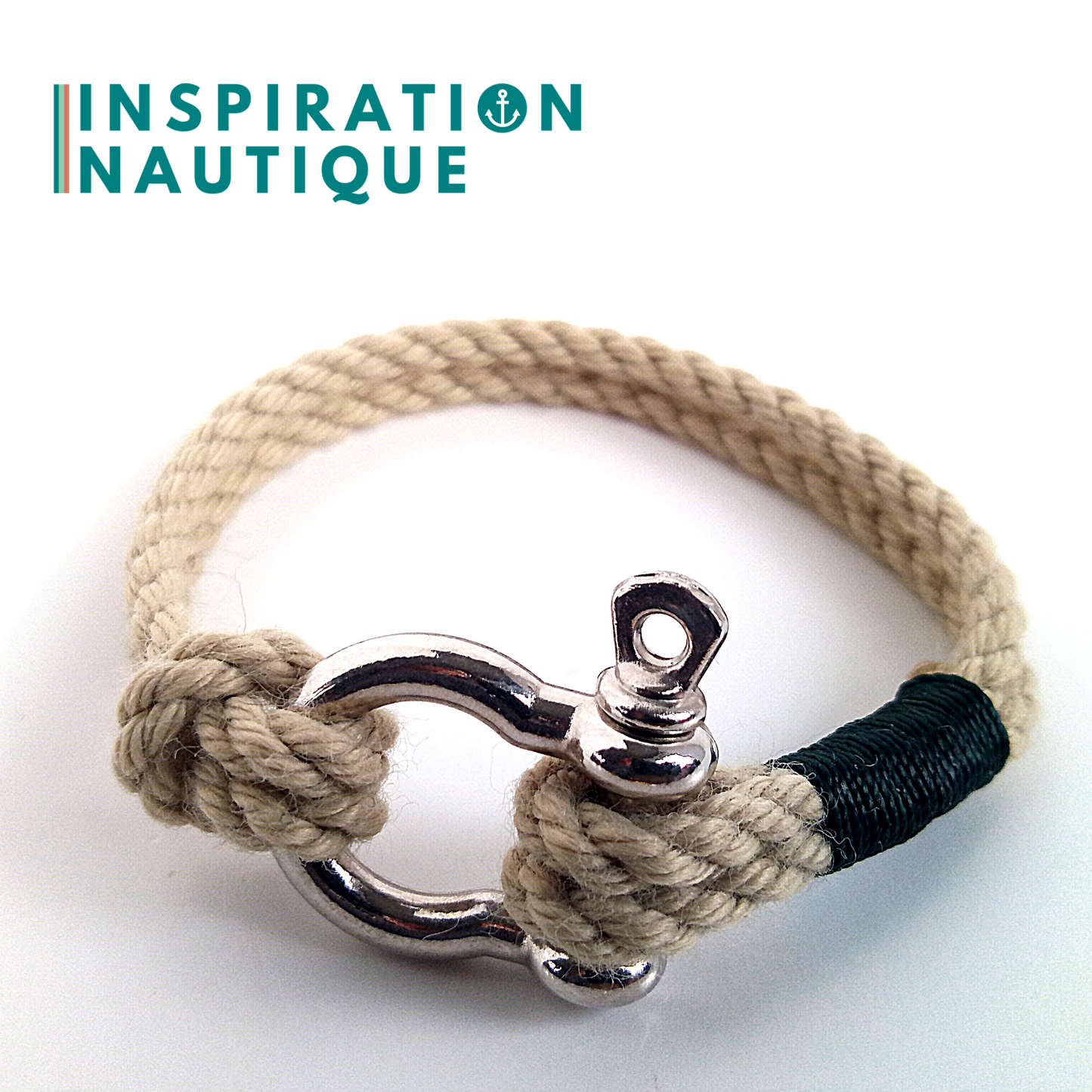 Bracelet marin avec manille en cordage de bateau authentique et acier inoxydable, naturel et couleurs variées