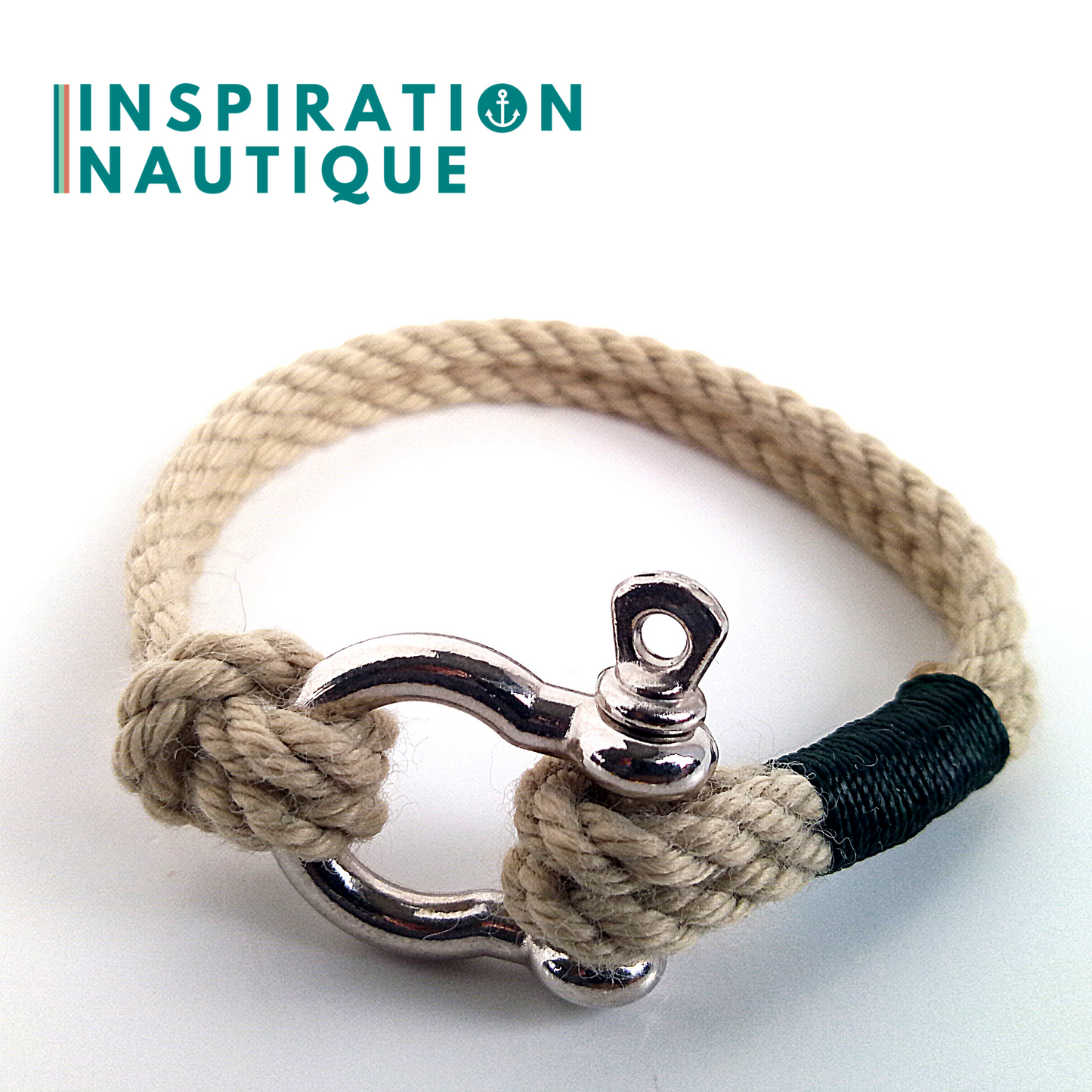 Bracelet marin avec manille en cordage de bateau authentique et acier inoxydable, naturel, surliure noire, Small
