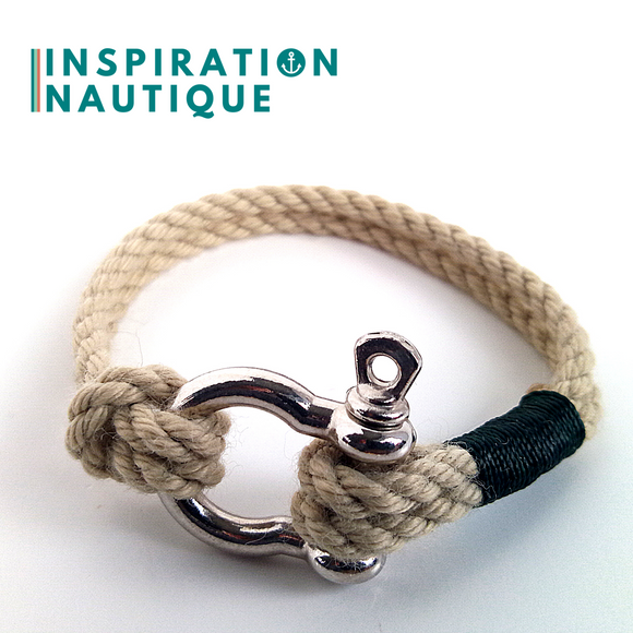Prêt-à-partir | Bracelet marin avec manille pour homme ou femme en cordage de bateau authentique et acier inoxydable, naturel, surliure noire, Small