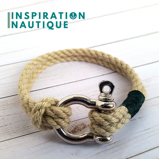 Bracelet marin avec manille en cordage de bateau authentique et acier inoxydable, naturel et couleurs variées