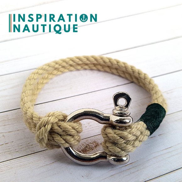 Bracelet marin avec manille pour homme ou femme en cordage de bateau authentique et acier inoxydable, naturel et couleurs variées