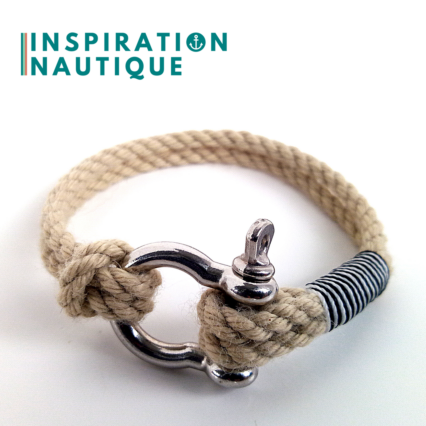 Bracelet marin avec manille en cordage de bateau authentique et acier inoxydable, naturel et couleurs variées