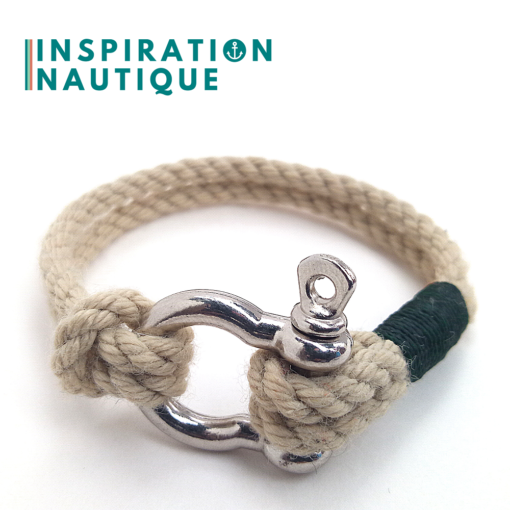 Bracelet marin avec manille en cordage de bateau authentique et acier inoxydable, naturel et couleurs variées