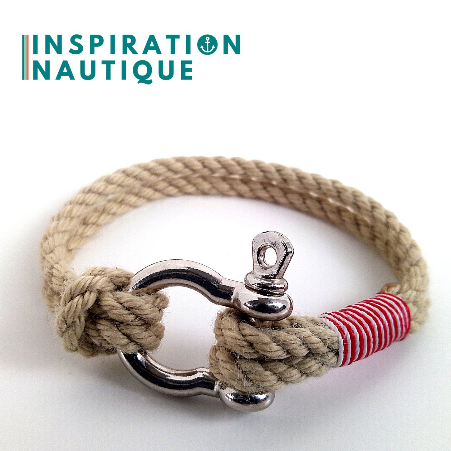 Bracelet marin avec manille en cordage de bateau authentique et acier inoxydable, naturel, surliure rouge et blanche, Medium