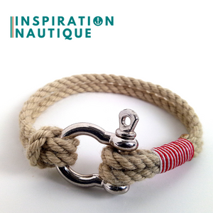 Prêt-à-partir | Bracelet marin avec manille pour homme ou femme en cordage de bateau authentique et acier inoxydable, naturel, surliure rouge et blanche, Medium