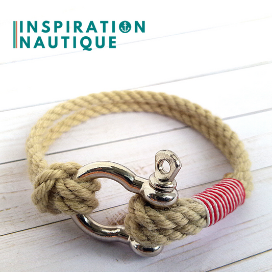 Bracelet marin avec manille en cordage de bateau authentique et acier inoxydable, naturel et couleurs classiques