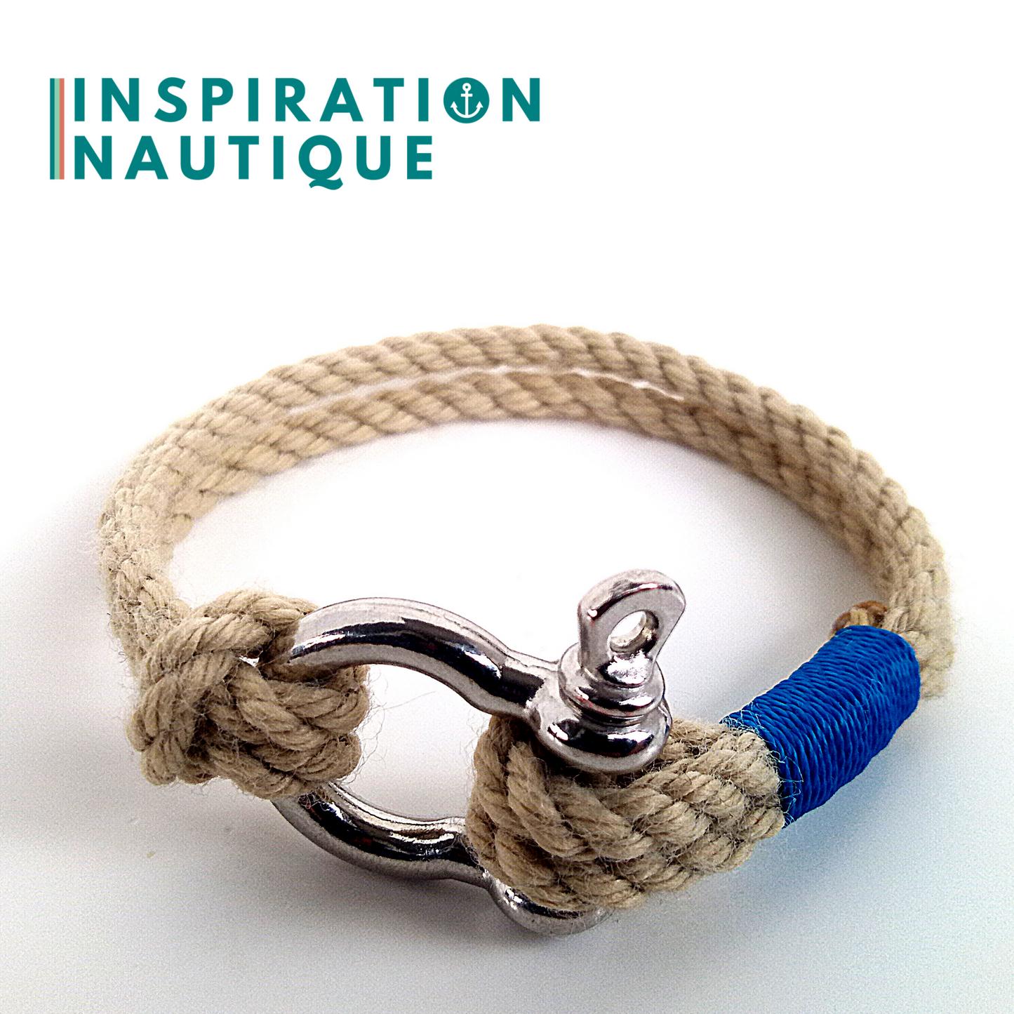 Bracelet marin avec manille en cordage de bateau authentique et acier inoxydable, naturel et couleurs maritimes