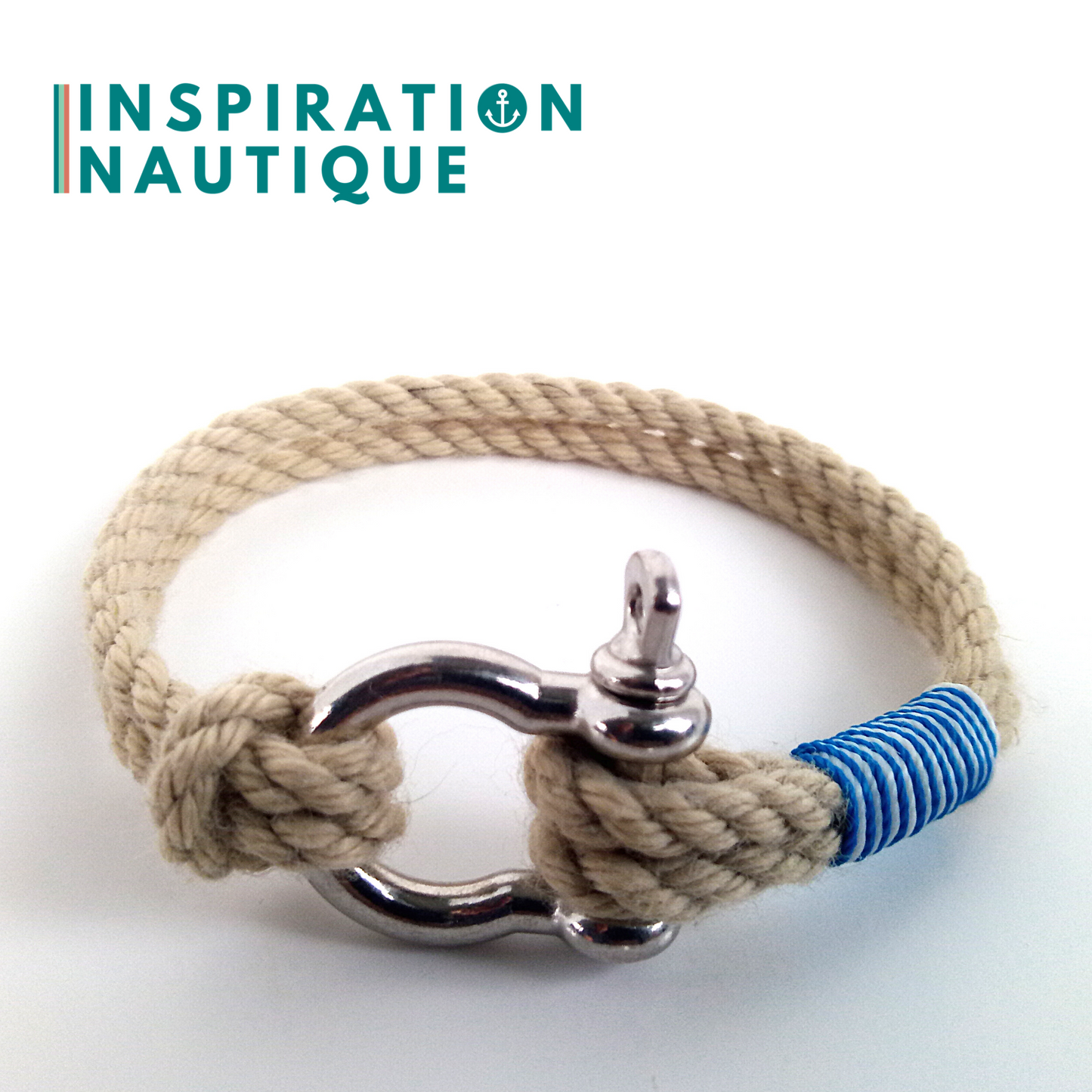 Bracelet marin avec manille en cordage de bateau authentique et acier inoxydable, naturel et couleurs maritimes