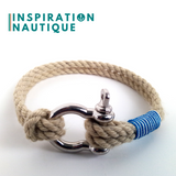 Bracelet marin avec manille pour homme ou femme en cordage de bateau authentique et acier inoxydable, naturel et couleurs maritimes