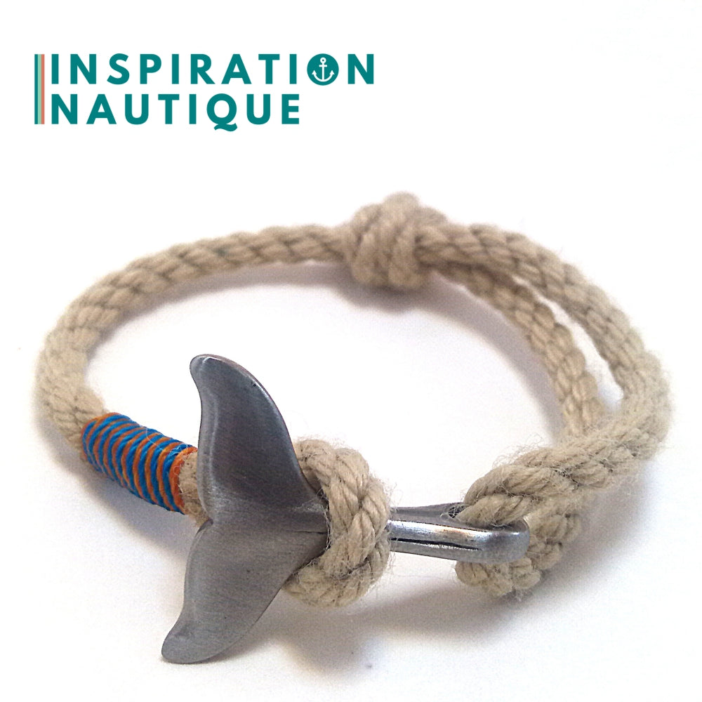 Marine bracelet with whale tail for women or men in vintage boat rope and stainless steel, adjustable, Natural and maritime colors