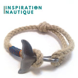 Bracelet marin avec queue de baleine pour femme ou homme en cordage de bateau vintage et acier inoxydable, ajustable, Naturel et couleurs maritimes