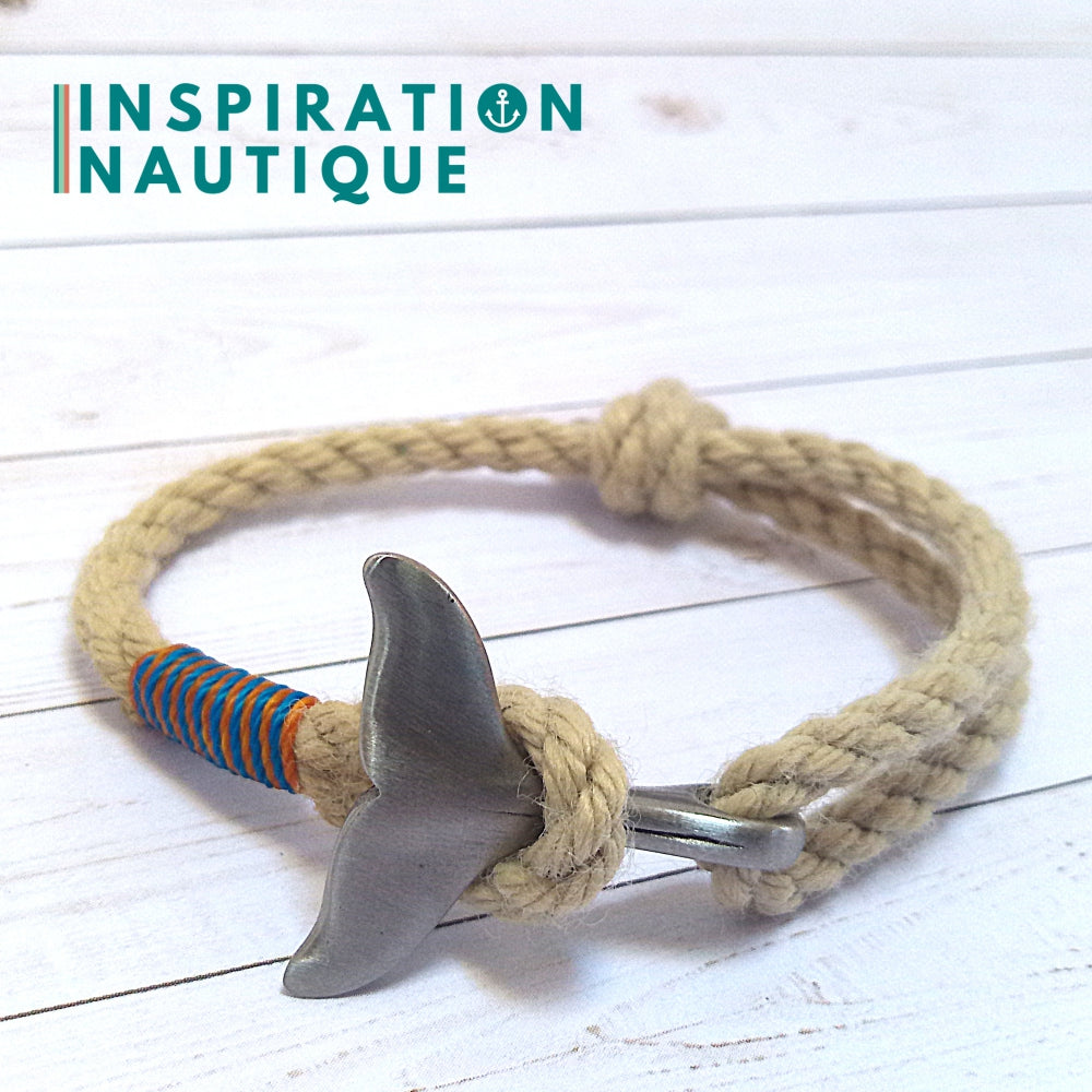 Marine bracelet with whale tail for women or men in vintage boat rope and stainless steel, adjustable, Natural and maritime colors