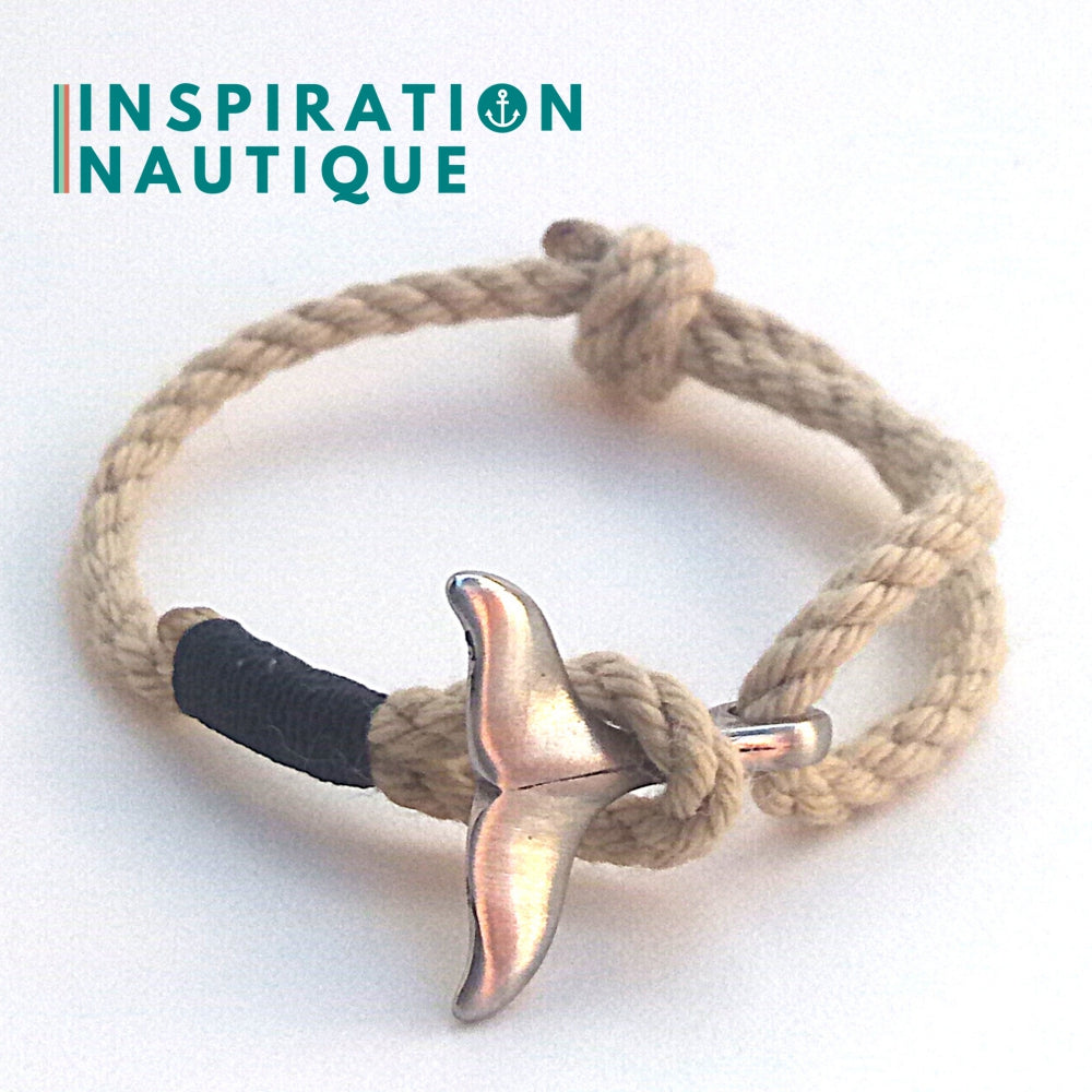 Marine bracelet with whale tail for women or men in vintage boat rope and stainless steel, adjustable, Natural and various colors