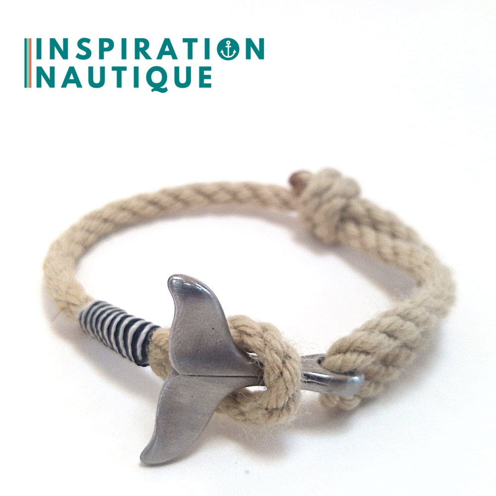 Marine bracelet with whale tail for women or men in vintage boat rope and stainless steel, adjustable, Natural and various colors