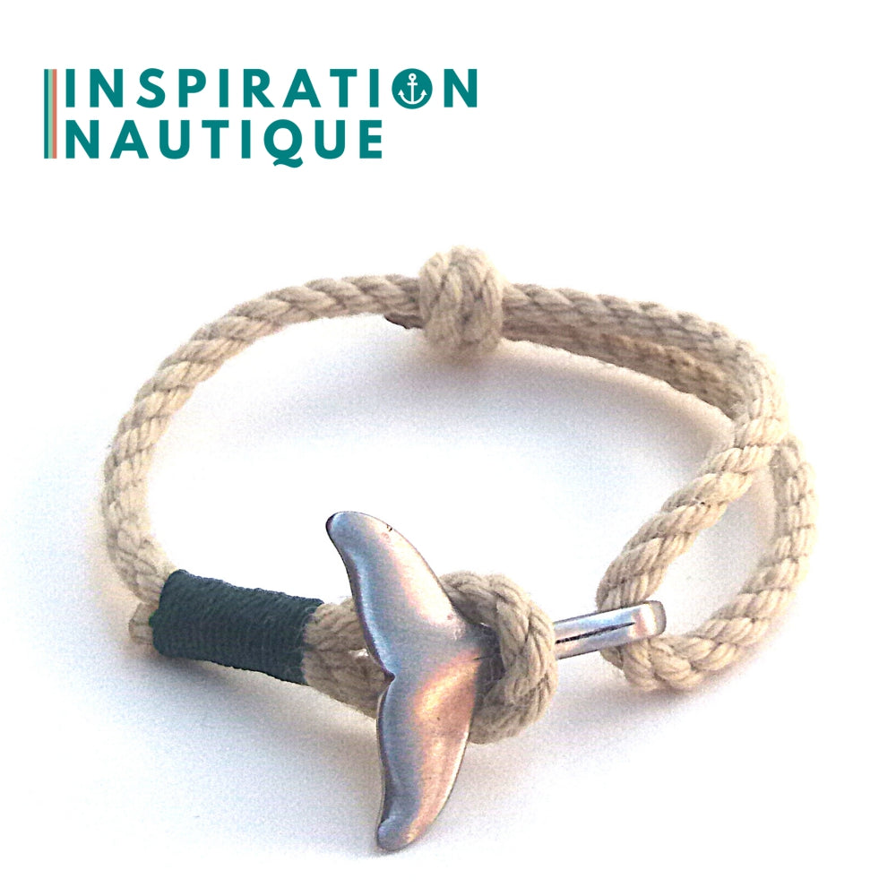 Marine bracelet with whale tail for women or men in vintage boat rope and stainless steel, adjustable, Natural and various colors