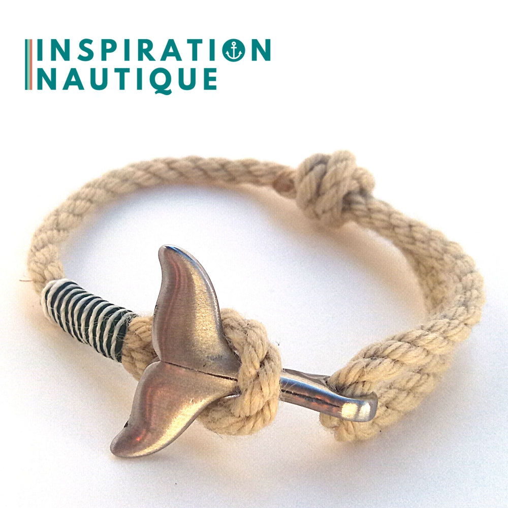 Marine bracelet with whale tail for women or men in vintage boat rope and stainless steel, adjustable, Natural and various colors