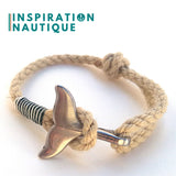 Bracelet marin avec queue de baleine pour femme ou homme en cordage de bateau vintage et acier inoxydable, ajustable, Naturel et couleurs variées