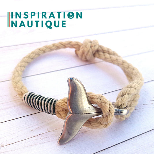 Marine bracelet with whale tail for women or men in vintage boat rope and stainless steel, adjustable, Natural and various colors