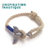 Bracelet marin avec queue de baleine pour femme ou homme en cordage de bateau vintage et acier inoxydable, ajustable, Naturel et couleurs classiques