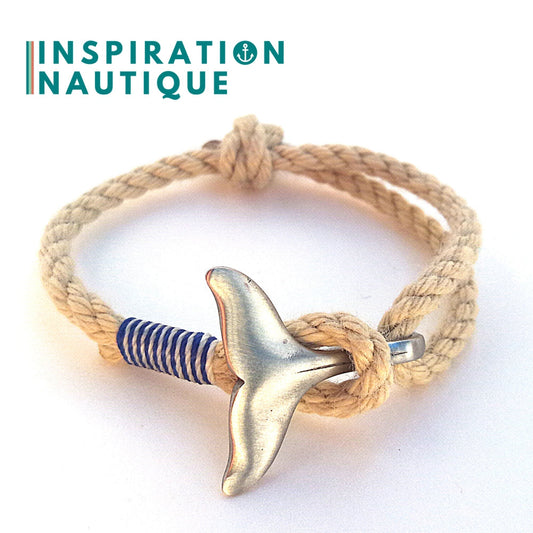 Bracelet marin avec queue de baleine en cordage de bateau authentique et acier inoxydable, ajustable, Naturel, surliure marine et blanche, Medium
