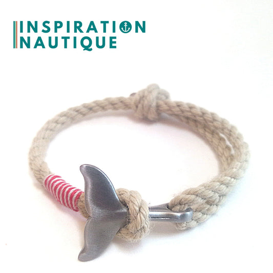 Bracelet marin avec queue de baleine en cordage de bateau vintage et acier inoxydable, ajustable, Naturel, surliure rouge et blanche, Medium