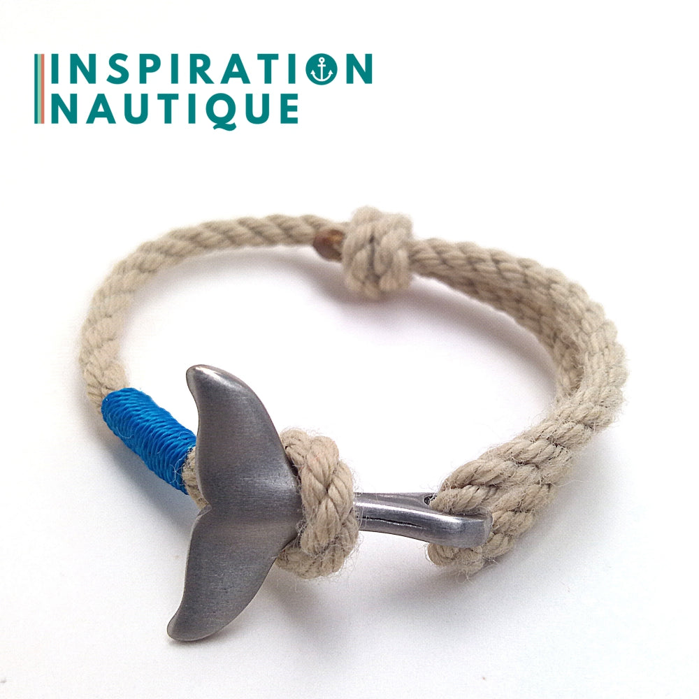 Marine bracelet with whale tail for women or men in vintage boat rope and stainless steel, adjustable, Natural and maritime colors