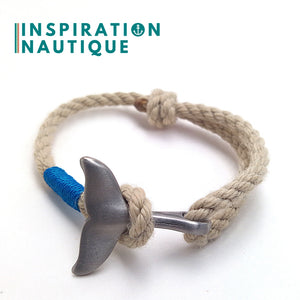 Bracelet marin avec queue de baleine pour femme ou homme en cordage de bateau vintage et acier inoxydable, ajustable, Naturel et couleurs maritimes