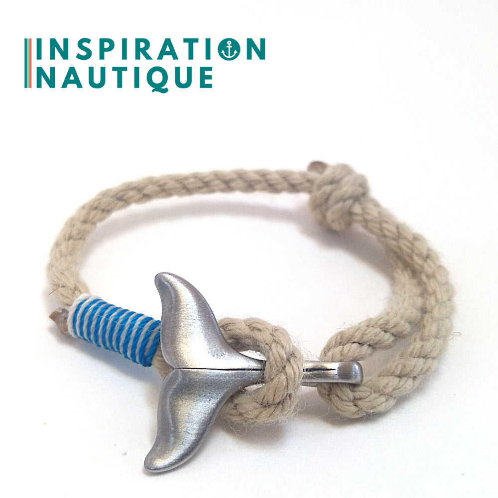 Marine bracelet with whale tail for women or men in vintage boat rope and stainless steel, adjustable, Natural and maritime colors